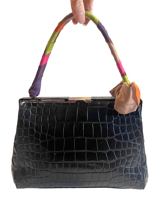 Miu Miu 90s Black Croc Embossed Leather Handbag with Scarf Handle Vintage Y2K - Picture 1 of 14